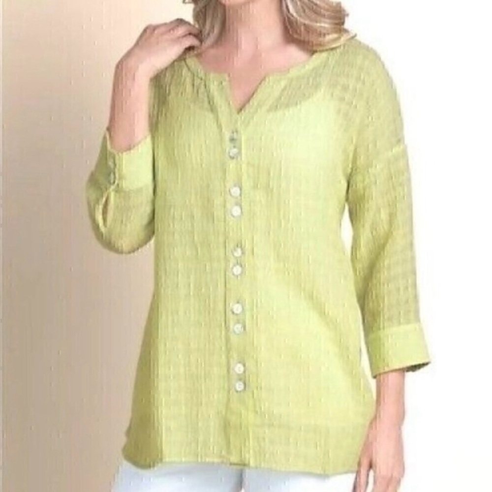 Soft Surroundings Chartreuse Linen Crinkled Gauze Button Shirt Top Womens Large